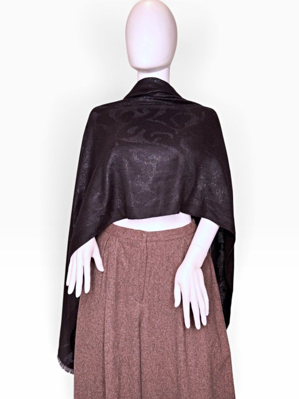 Loro Piana 77” Black Cashmere Knit Shawl Wrap Solid Fringe metallic